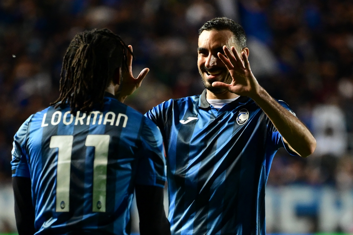 Atalanta forward Ademola Lookman celebrates with Atalanta defender Davide Zappacosta after scoring during the UEFA Europa league second leg semi-final between Atalanta and Marseille at Bergamo's stadium on May 9, 2024. (Photo by Marco BERTORELLO / AFP) (Photo by MARCO BERTORELLO/AFP via Getty Images)