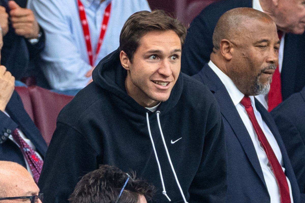 Italy international Federico Chiesa in stands at Old Trafford to watch Manchester United 0-3 Liverpool, after joining Liverpool from Juventus.