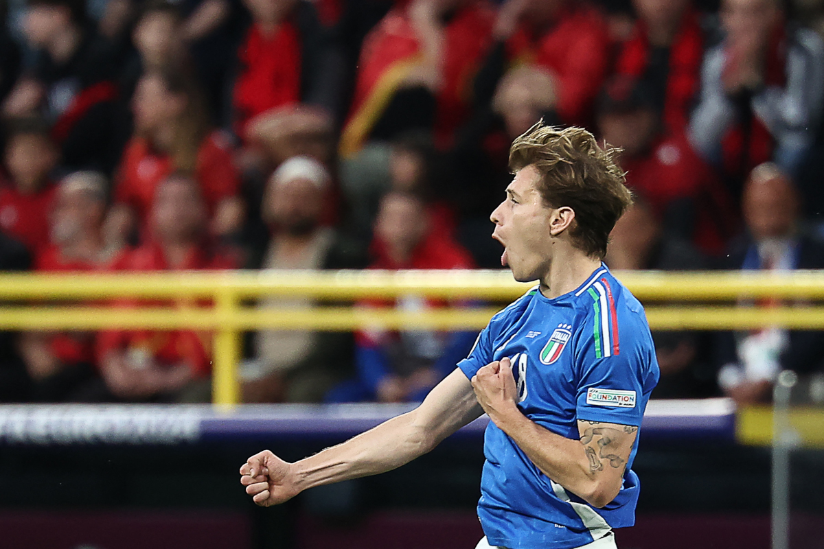 Italy's midfielder #18 Nicolo Barella celebrates scoring his team's second goal during the UEFA Euro 2024 Group B football match between Italy and Albania at the BVB Stadion in Dortmund on June 15, 2024. (Photo by FRANCK FIFE / AFP) (Photo by FRANCK FIFE/AFP via Getty Images)