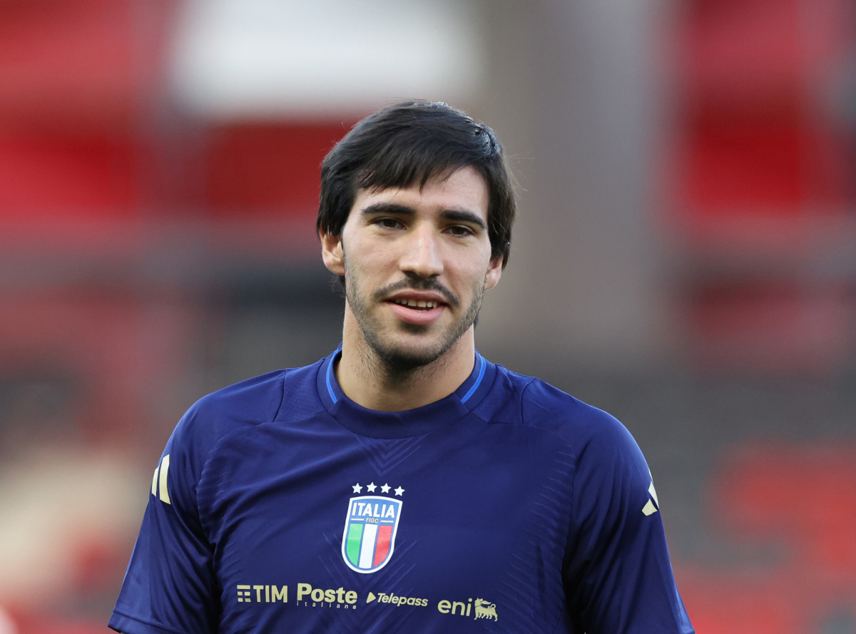 Sandro Tonali of Italy looks on during a Italy training session at Bozsik Stadion on September 08, 2024 in Budapest, Hungary. (Photo by Claudio Villa/Getty Images)